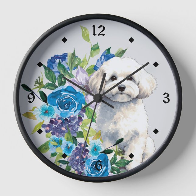 Blue Floral Bichon Frise Dog Clock (Front)