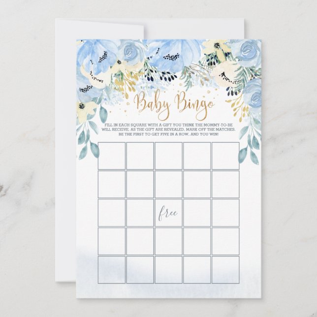 Blue Floral Bingo/Guess Who Baby Shower games Invitation (Front)