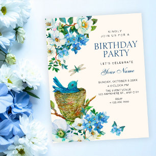 Blue Floral bird art elegant birthday Invitation