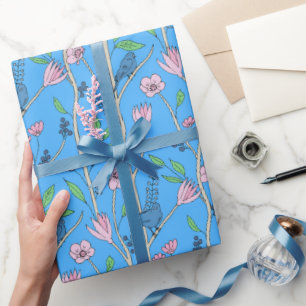 Blue Floral Bird Pattern – Modern Botanical Wrapping Paper