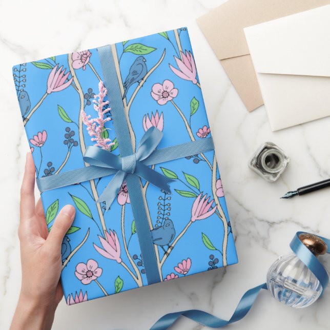 Blue Floral Bird Pattern – Modern Botanical Wrapping Paper (Gifting)