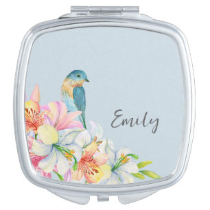 Blue floral bird watercolor oriental bridesmaid compact mirror