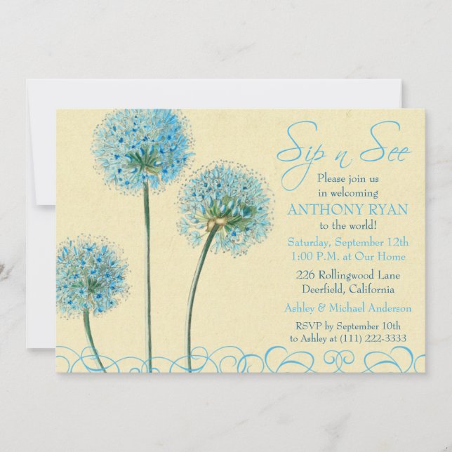 Blue Floral Birth Baby Shower Sip and See Invitation (Front)