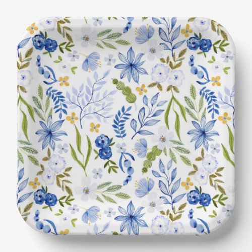 Blue Floral Birthday Bridal Shower Party Paper Plates