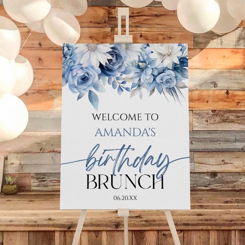 Blue Floral Birthday Brunch Party Welcome Sign