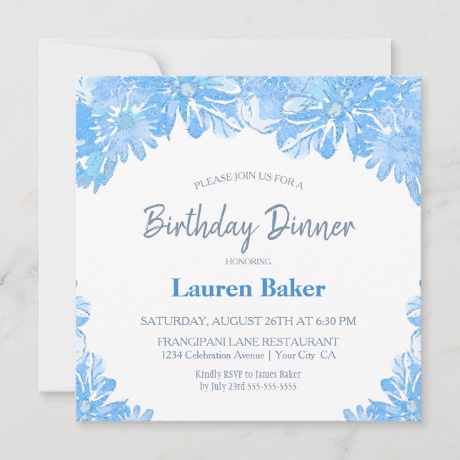 Blue Floral Birthday Dinner Party Invitation (Front)