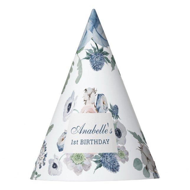 Blue Floral Birthday Party Hat (Front)