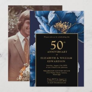 Blue Floral Black And Gold 50th Anniversary Photo Invitation
