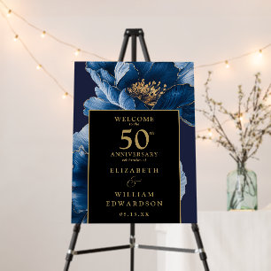 Blue Floral Black And Gold 50th Anniversary Sign