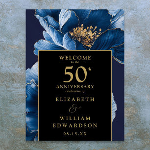 Blue Floral Black And Gold 50th Anniversary Sign
