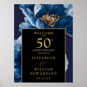 Blue Floral Black And Gold 50th Anniversary Sign