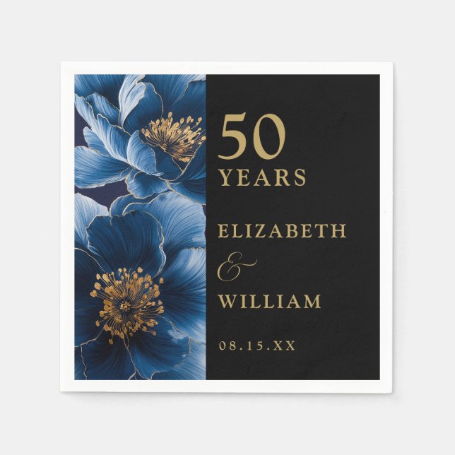 Blue Floral Black And Gold Modern 50th Anniversary Napkins (Front)