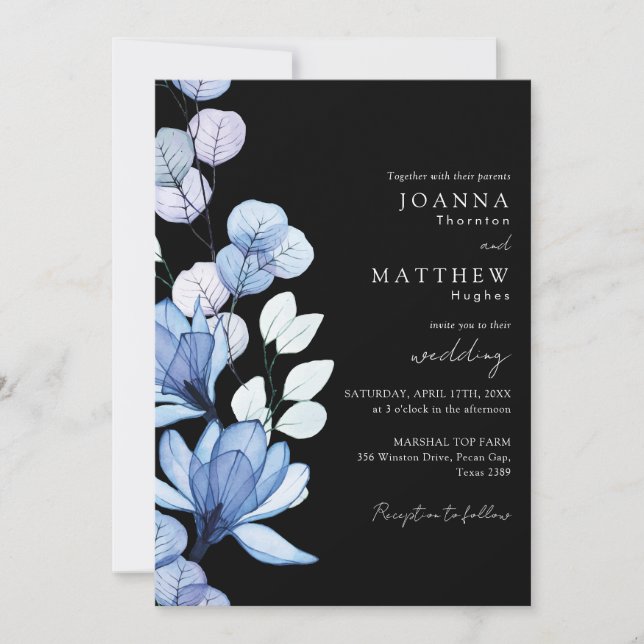 Blue Floral Black and White Monogram Wedding Invitation (Front)