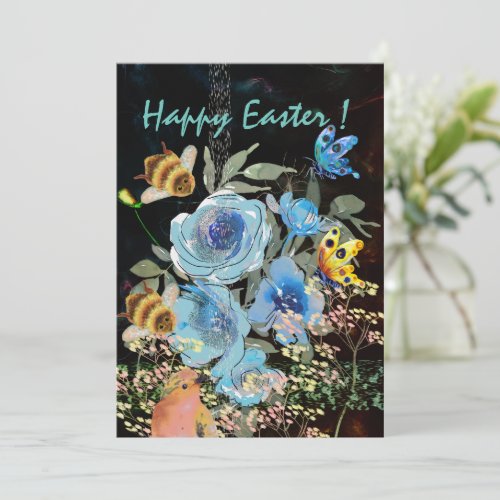 Blue Floral Black Easter with Birds Holiday Card