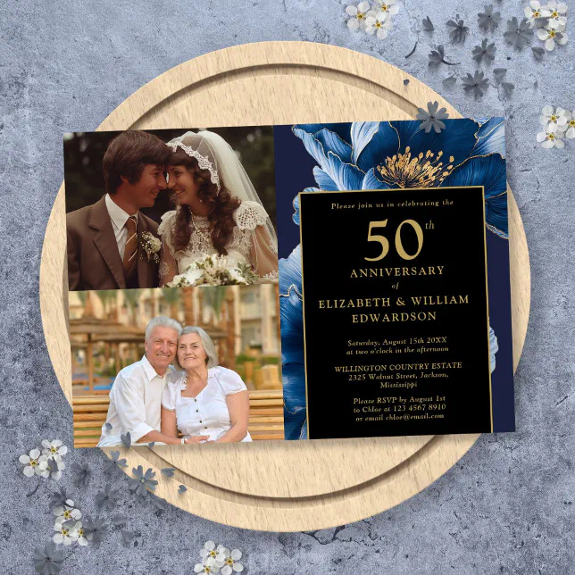 Blue Floral Black Gold 50th Anniversary 2 Photo Invitation | Zazzle