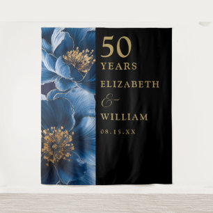 Blue Floral Black Gold 50th Anniversary Backdrop