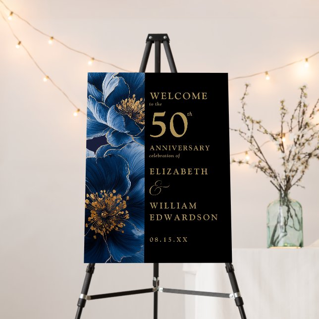 Blue Floral Black Gold 50th Anniversary Sign (In Situ (Stand))