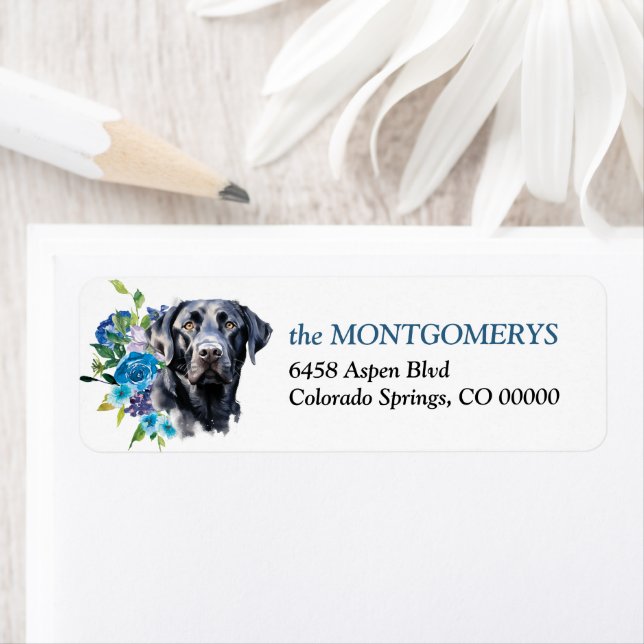 Blue Floral Black Lab Return Address Label (Insitu)