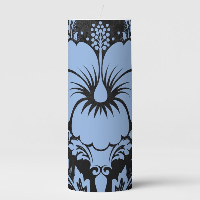 Blue floral black ribbon bow elegant pillar candle (Front)