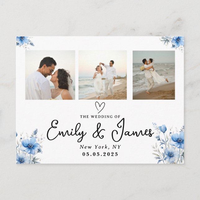 blue floral Black Script Photo Strip Wedding  Postcard (Front)
