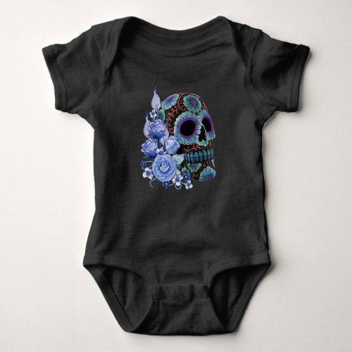Blue Floral Black Sugar Skull Day Of The Dead Baby Bodysuit