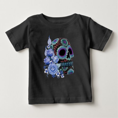 Blue Floral Black Sugar Skull Day Of The Dead Baby T_Shirt