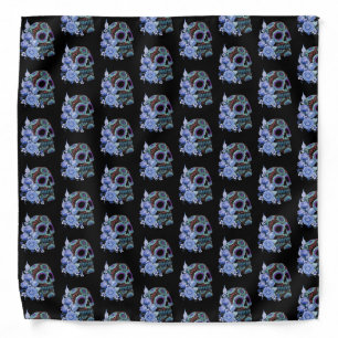 Blue Floral Black Sugar Skull Day Of The Dead Bandana