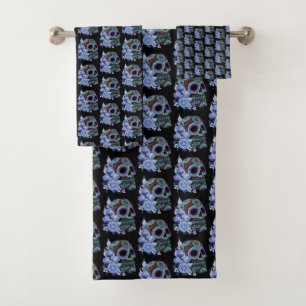 Blue Floral Black Sugar Skull Day Of The Dead Bath Towel Set