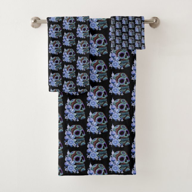 Blue Floral Black Sugar Skull Day Of The Dead Bath Towel Set (Insitu)