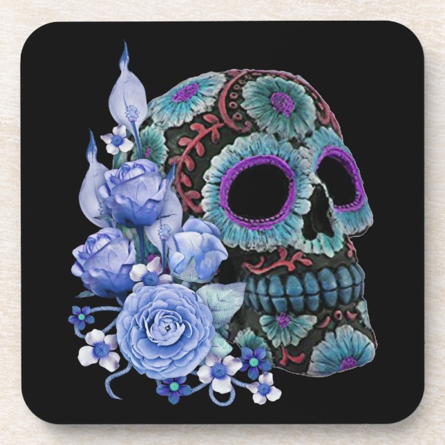Blue Floral Black Sugar Skull Day Of The Dead Beverage Coaster (Front)