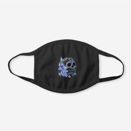 Blue Floral Black Sugar Skull Day Of The Dead Black Cotton Face Mask