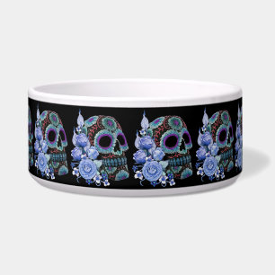 Blue Floral Black Sugar Skull Day Of The Dead Bowl
