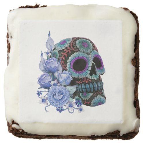 Blue Floral Black Sugar Skull Day Of The Dead Brownie