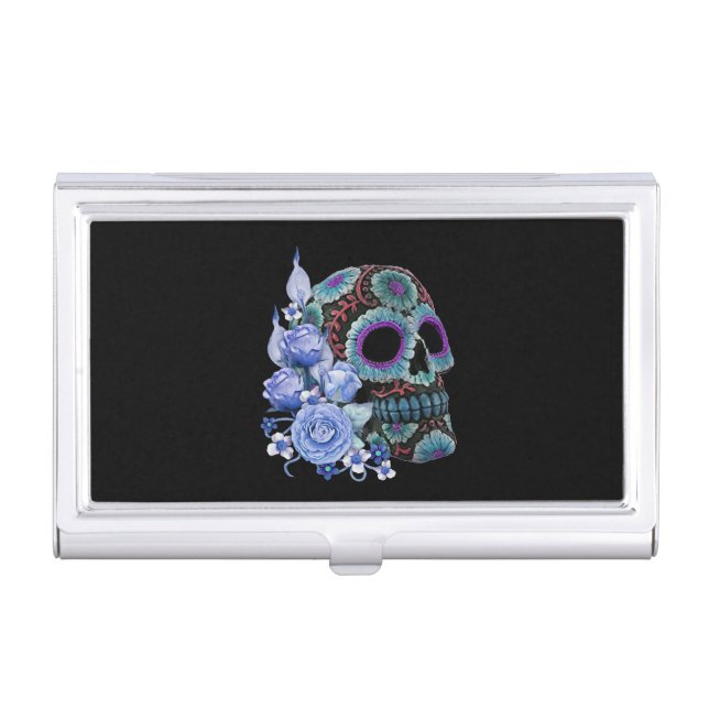 Blue Floral Black Sugar Skull Day Of The Dead Business Card Case (Front)