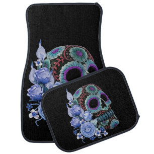 Blue Floral Black Sugar Skull Day Of The Dead Car Floor Mat