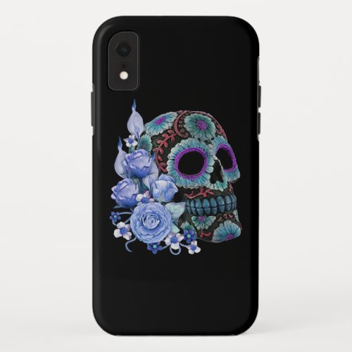 Blue Floral Black Sugar Skull Day Of The Dead iPhone XR Case