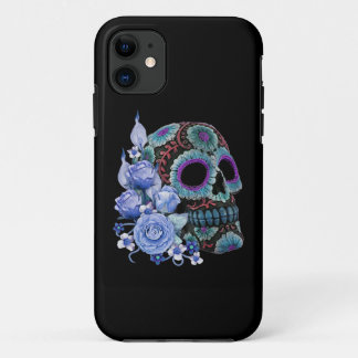 Blue Floral Black Sugar Skull Day Of The Dead iPhone 11 Case