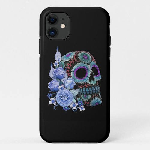 Blue Floral Black Sugar Skull Day Of The Dead iPhone 11 Case