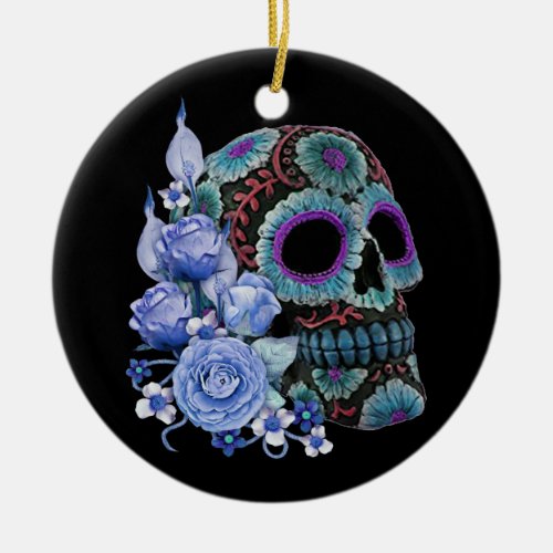 Blue Floral Black Sugar Skull Day Of The Dead Ceramic Ornament