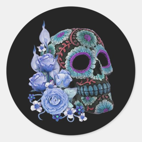 Blue Floral Black Sugar Skull Day Of The Dead Classic Round Sticker