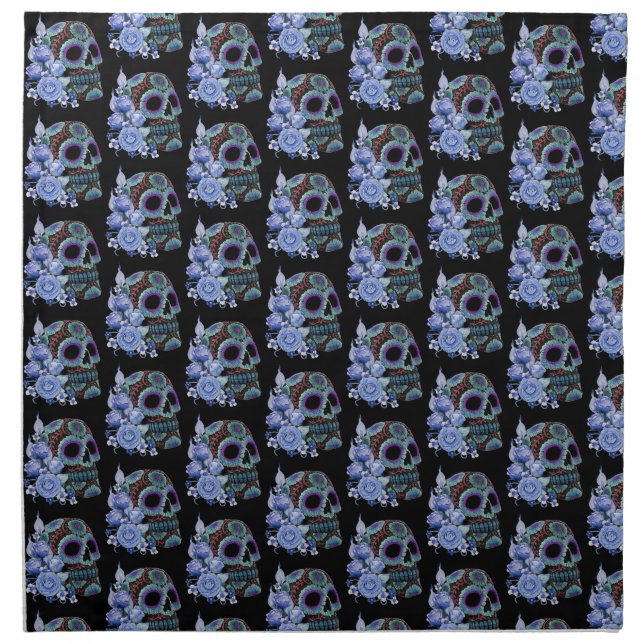 Blue Floral Black Sugar Skull Day Of The Dead Cloth Napkin (Front)