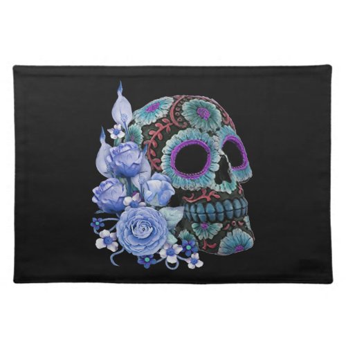 Blue Floral Black Sugar Skull Day Of The Dead Cloth Placemat