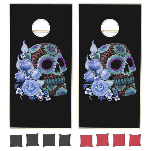 Blue Floral Black Sugar Skull Day Of The Dead Cornhole Set