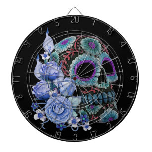 Blue Floral Black Sugar Skull Day Of The Dead Dart Board