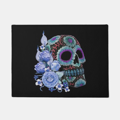 Blue Floral Black Sugar Skull Day Of The Dead Doormat