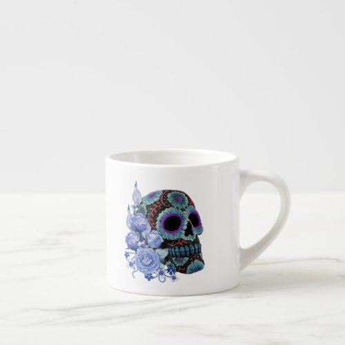 Blue Floral Black Sugar Skull Day Of The Dead Espresso Cup