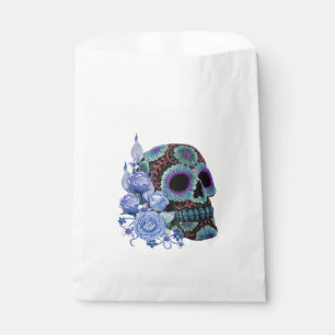 Blue Floral Black Sugar Skull Day Of The Dead Favor Bag