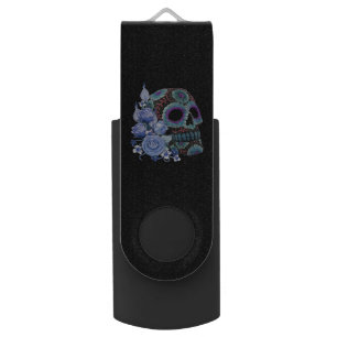 Blue Floral Black Sugar Skull Day Of The Dead Flash Drive