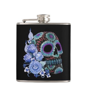 Blue Floral Black Sugar Skull Day Of The Dead Flask