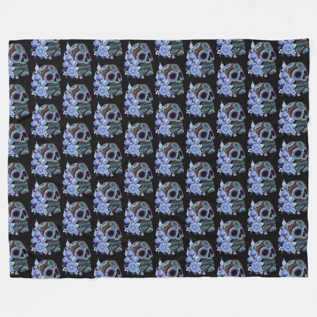 Blue Floral Black Sugar Skull Day Of The Dead Fleece Blanket (Front (Horizontal))